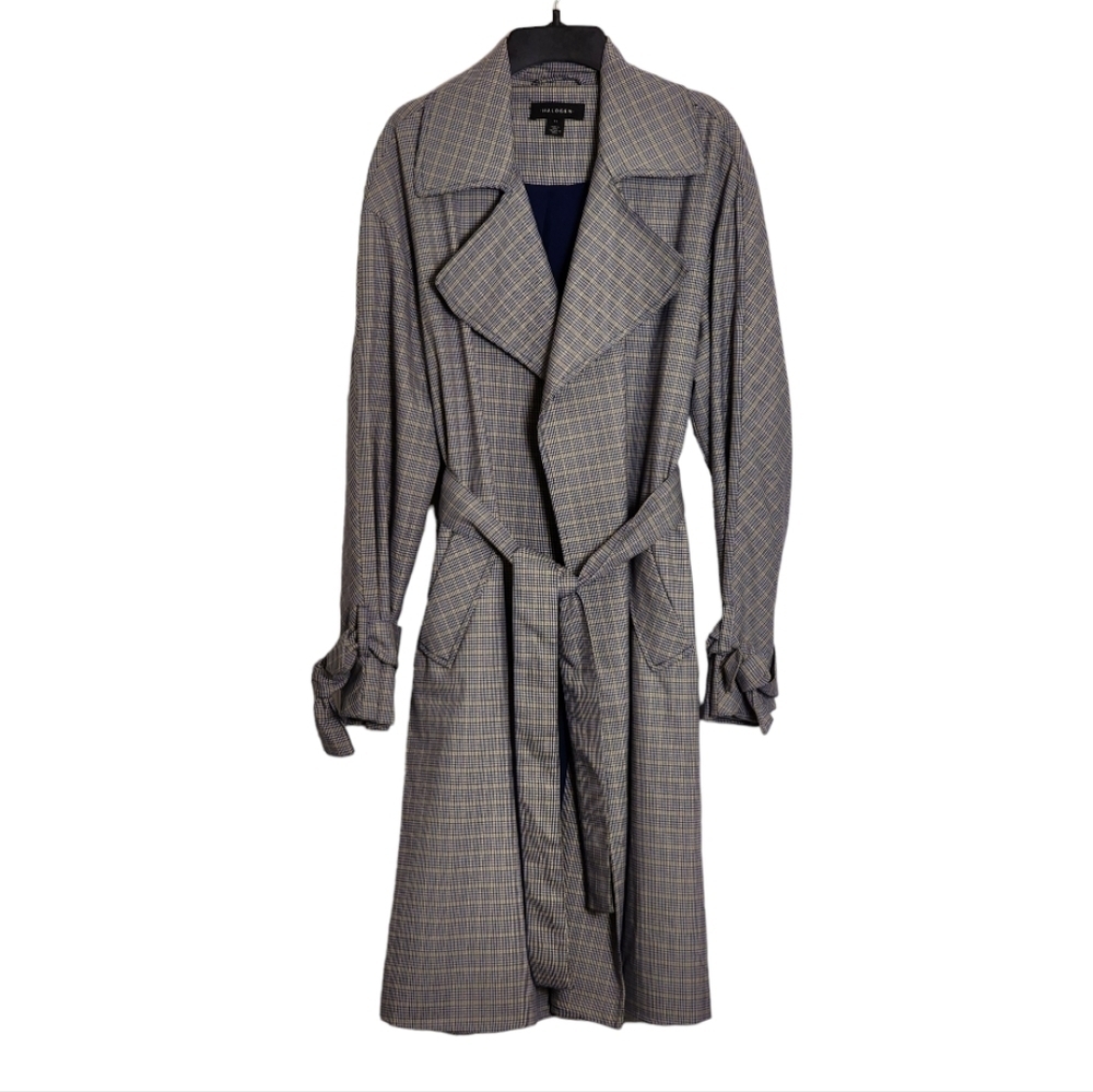 Halogen Gray and Blue Plaid Belted Trench Coat, Size XS